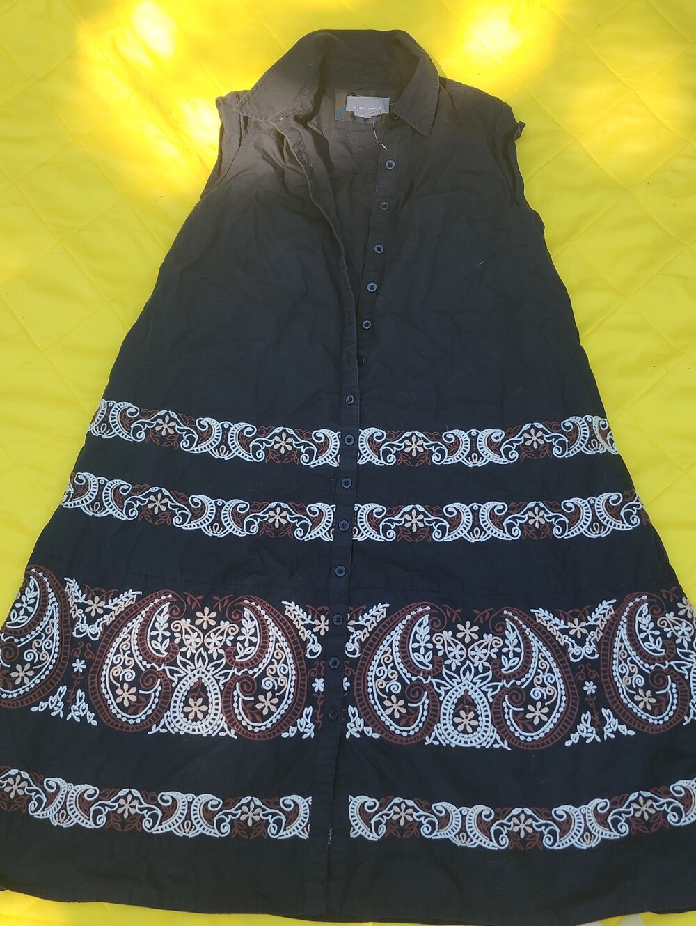 Anthropologie Black Midi Dress with White & Brown Embroidery
